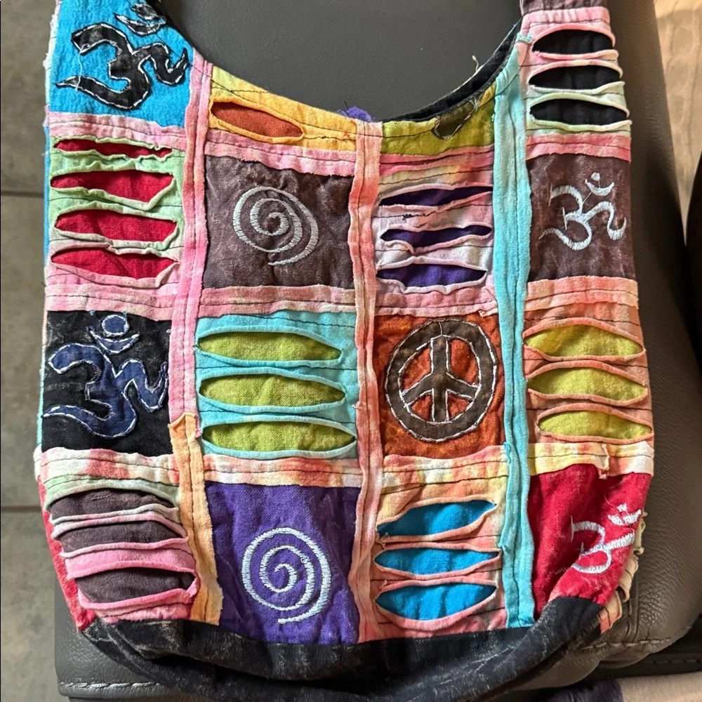 Distressed Hippie Satchel Unisex‎ Crossbody Bag Multicolor Peace Love Om Print